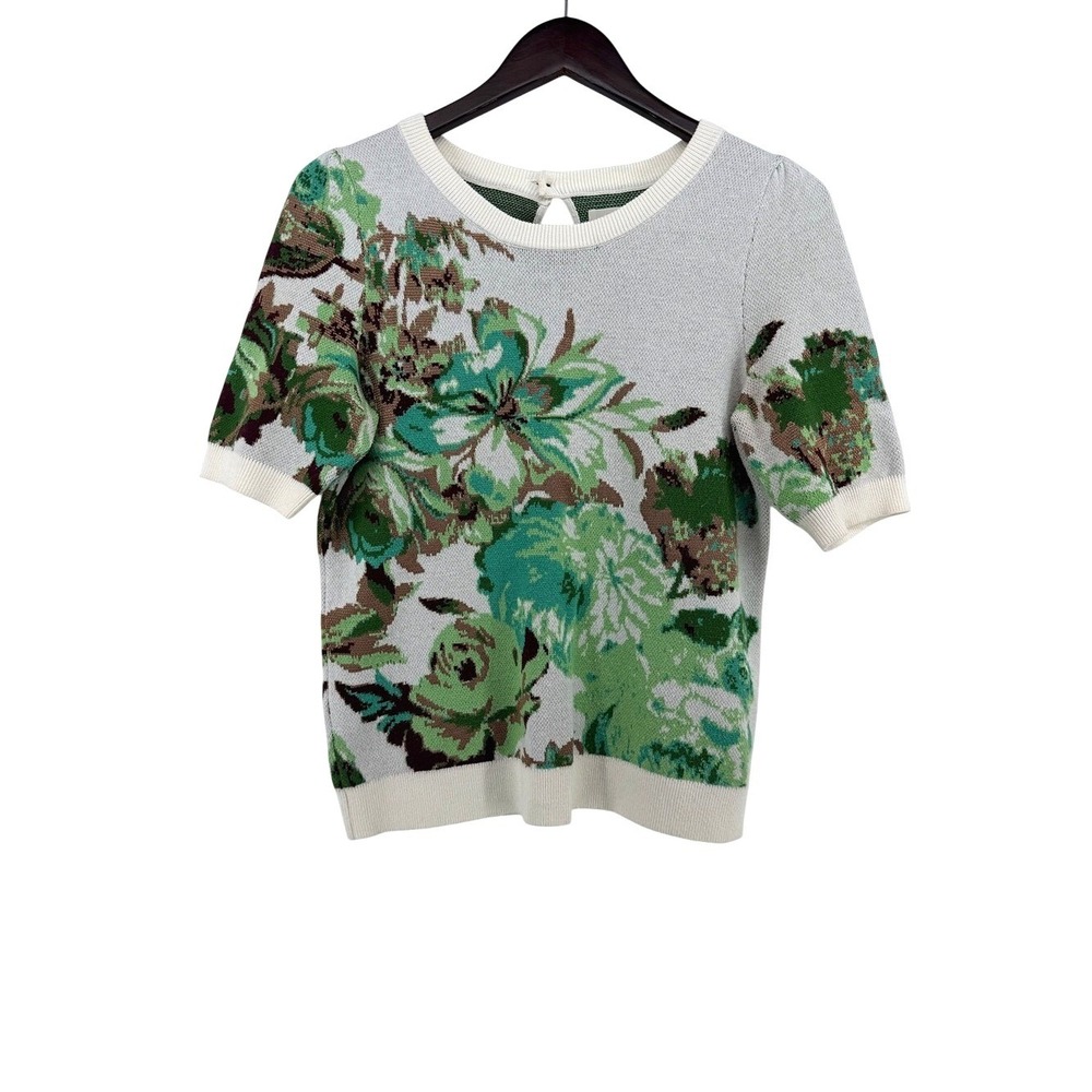 Maeve by Anthropologie Green Floral Intarsia Short Sleeve Sweater‎ Small Keyhole